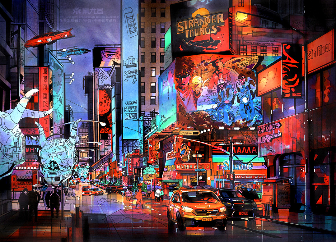 丁震赛博朋克街景手绘作品欣赏