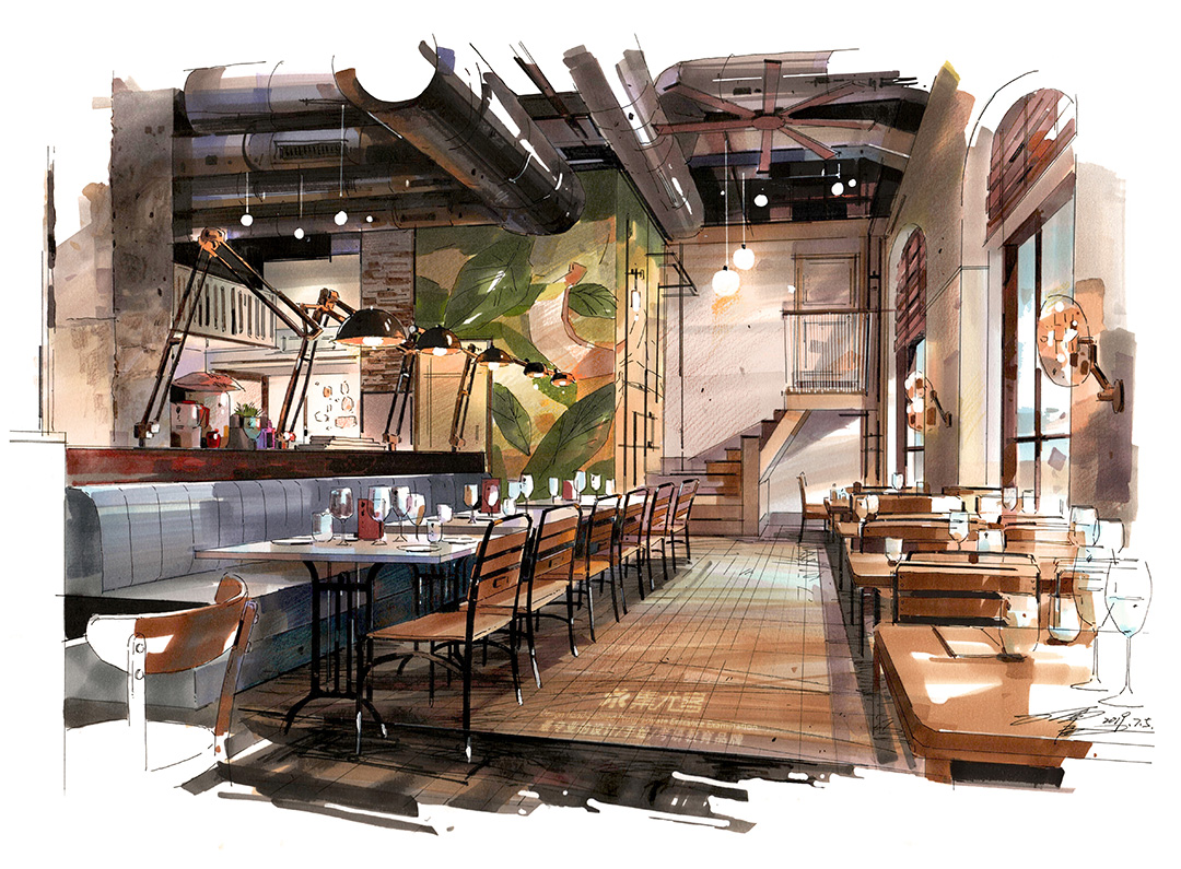 丁震餐饮空间手绘表现作品欣赏