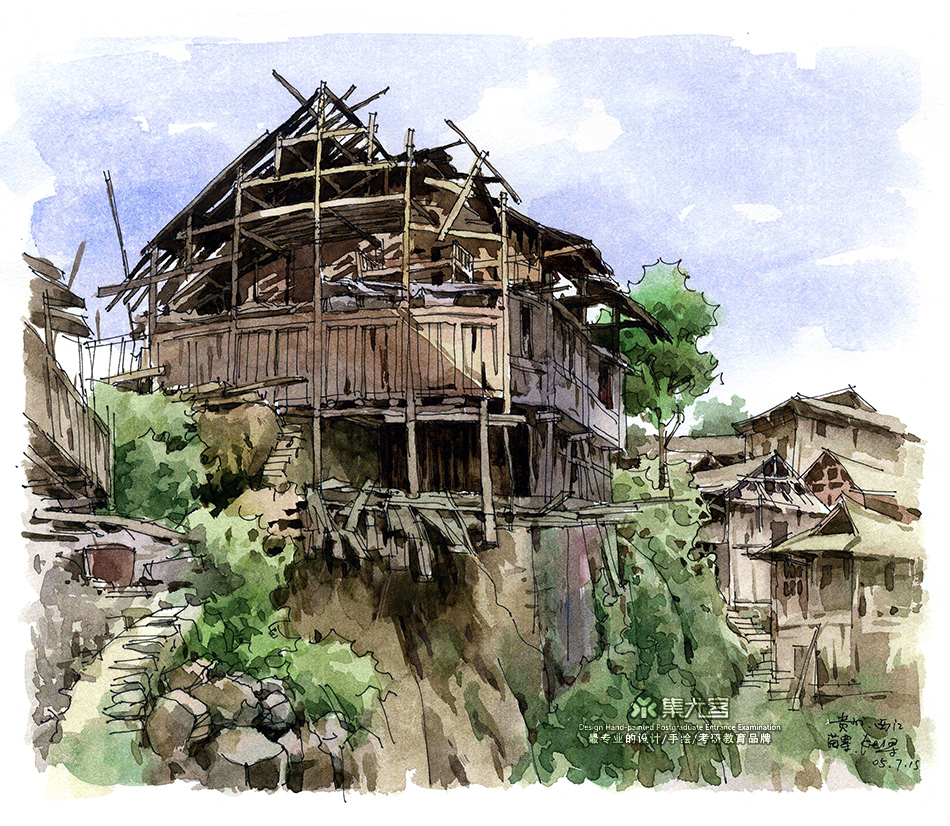 夏克梁马克笔手绘之村寨民居