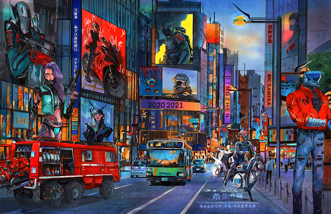 丁震赛博朋克街景手绘作品欣赏