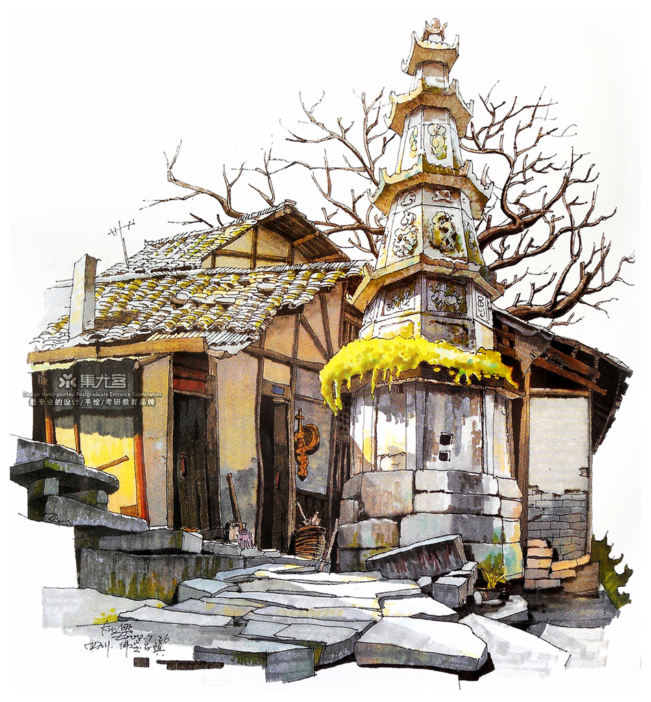 夏克梁马克笔手绘之藏族民居