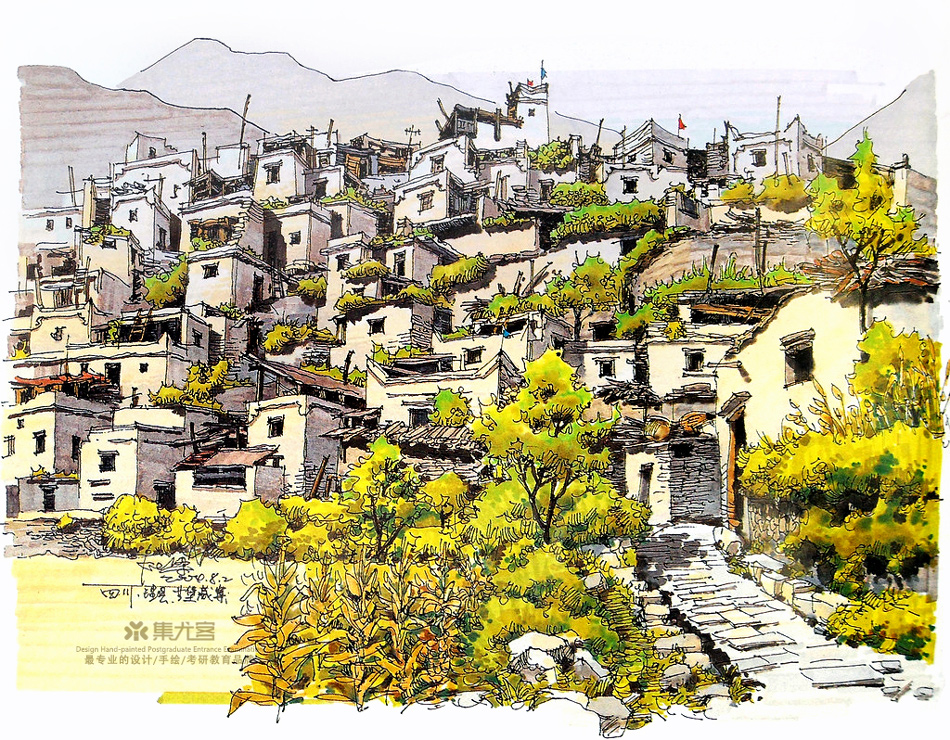 夏克梁马克笔手绘之藏族民居