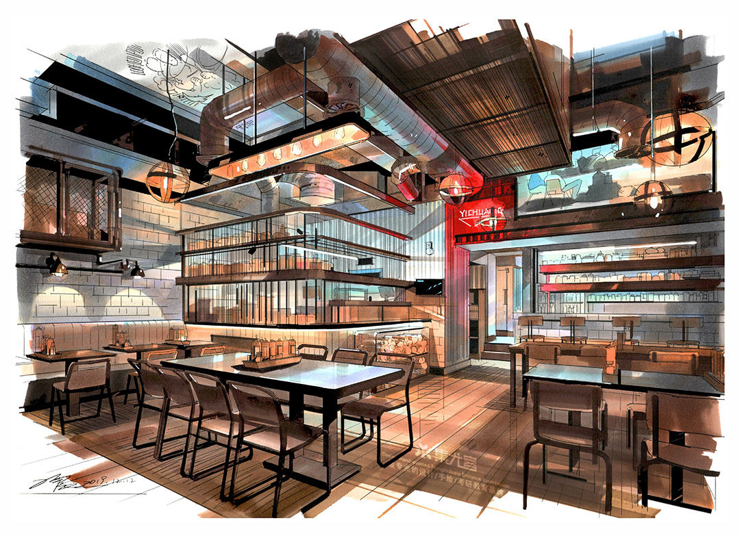丁震餐饮空间手绘表现作品欣赏